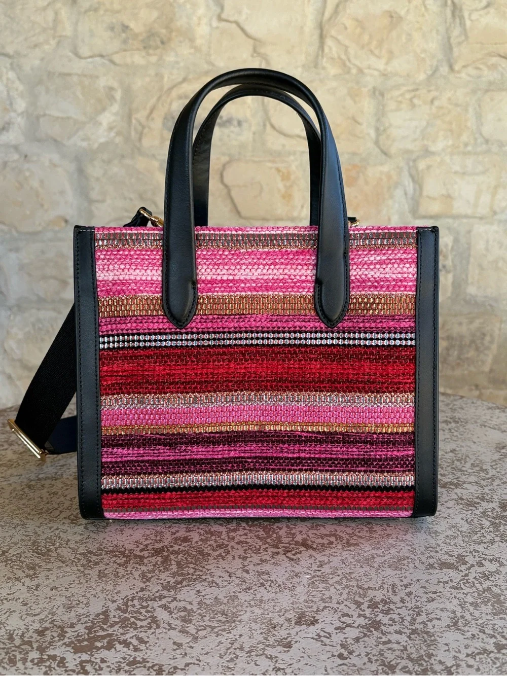kate spade Pink and Red Striped Straw Satchel with Black Trim